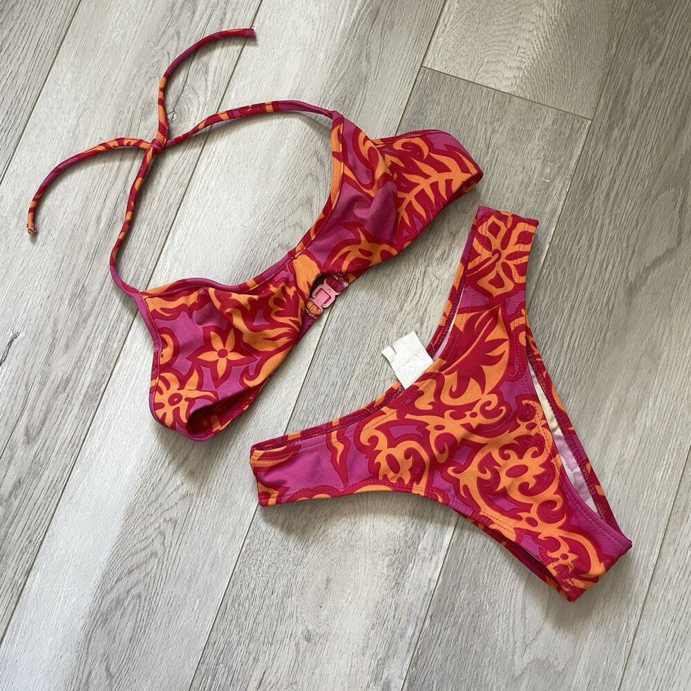 Vintage Printed Bikini underwire halter cheeky womens Pink Orange xsmall bright